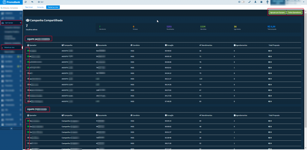 Como acompanhar os atendimentos por equipes no painel ao vivo do PromoBank